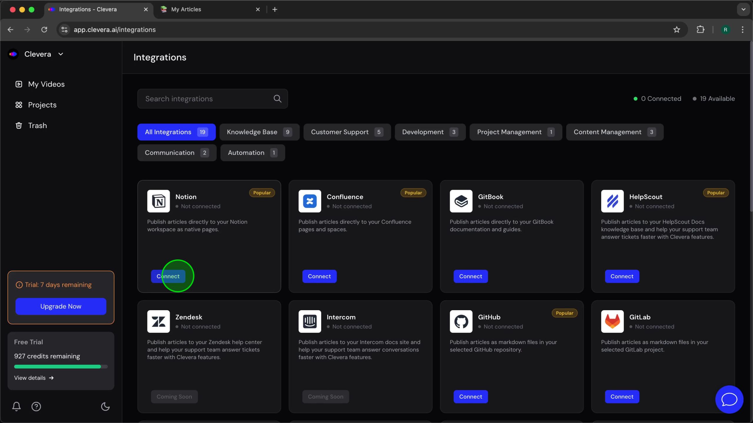 Integrations page with the Notion card and Connect button highlighted